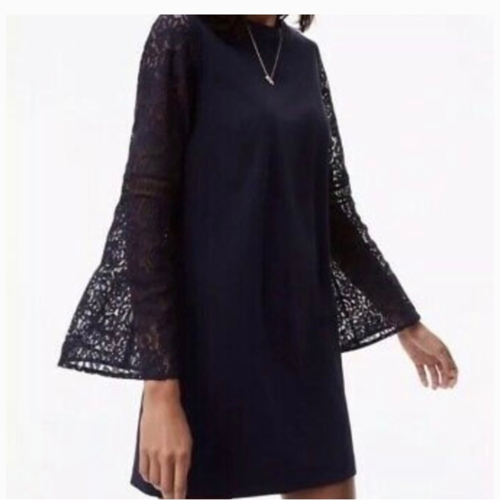 Loft Navy Blue Dress with Lace Bell Sleeves Size 6